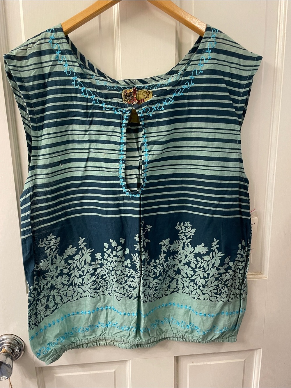 Free People Teal Striped & Floral Embroidered Shell